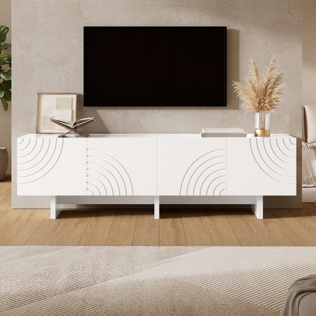 Modern TV Cabinet With 4 Doors And Geometric Arch Pattern, White TV Lowboard With Decorative Relief Fronts And Central Partition, TV Cabinet With Storage Space For Living Room