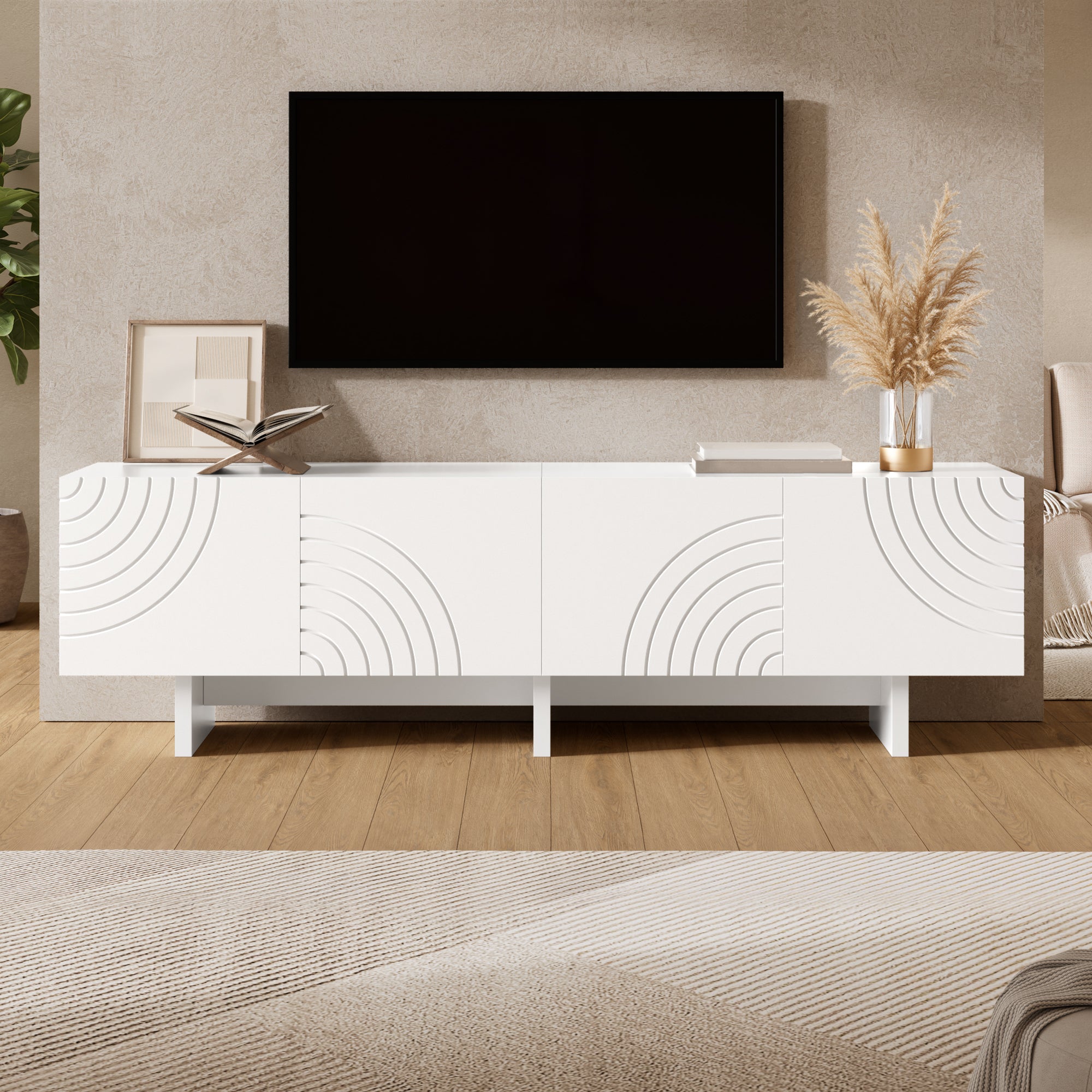 Modern TV Cabinet With 4 Doors And Geometric Arch Pattern, White TV Lowboard With Decorative Relief Fronts And Central Partition, TV Cabinet With Storage Space For Living Room