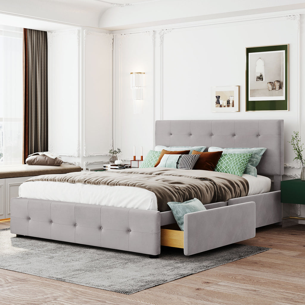 Upholstered Bed 140 X 200 Cm, Double Bed With Drawers, Slatted Base, And Headboard, Skin-Friendly Velvet Double Bed For Adults And Teenagers, Grey Mattress Not Included