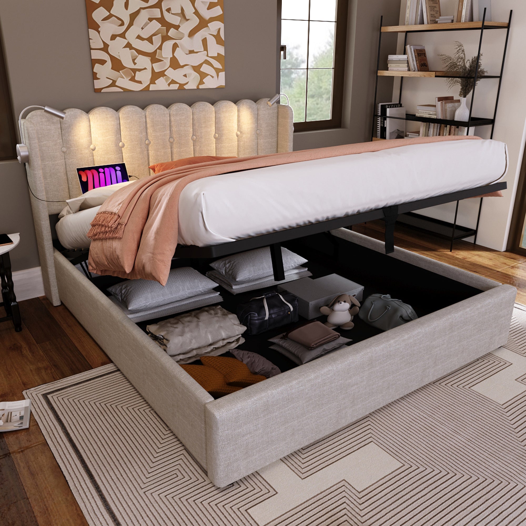 Upholstered Bed Double Bed Reading Light With Charging Function Head Part Storage Bed Frame Linen Material Youth Bed 160x200 With Slate Rust,Of Course Without Mattress