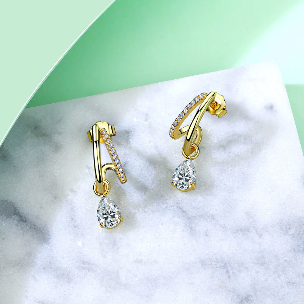 S925 Sterling Silver Double Hoop Drop Earrings, 5x7mm Pear Cut D-VVS1 Moissanite, Platinum Plated 3g Elegant Women's Jewelry Gift Box