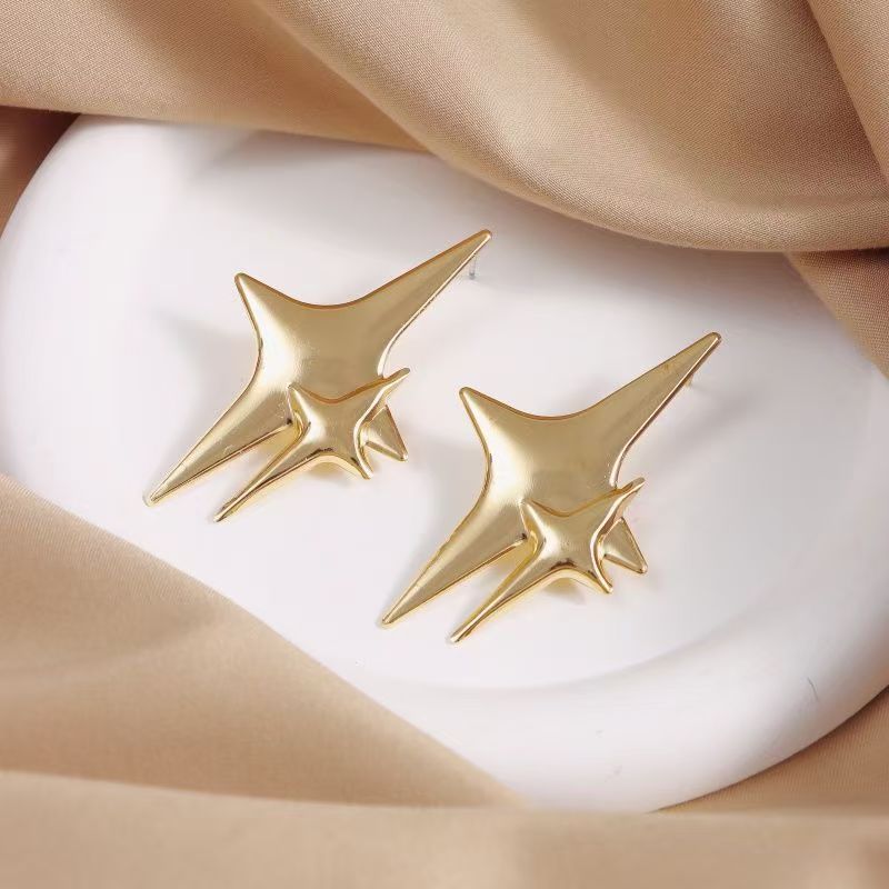 Korean Double Four-pointed Star Studs, Sweet  Long Earrings For Daily Commute