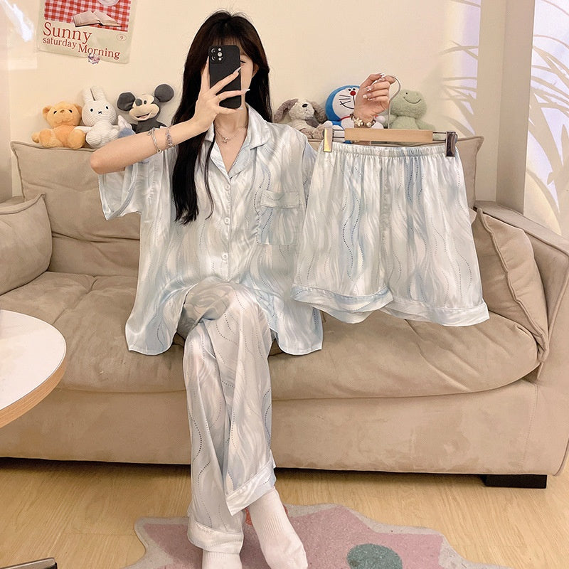 Womens Summer High-End Ice Silk Short-Sleeve Pajama Set 3 Pieces