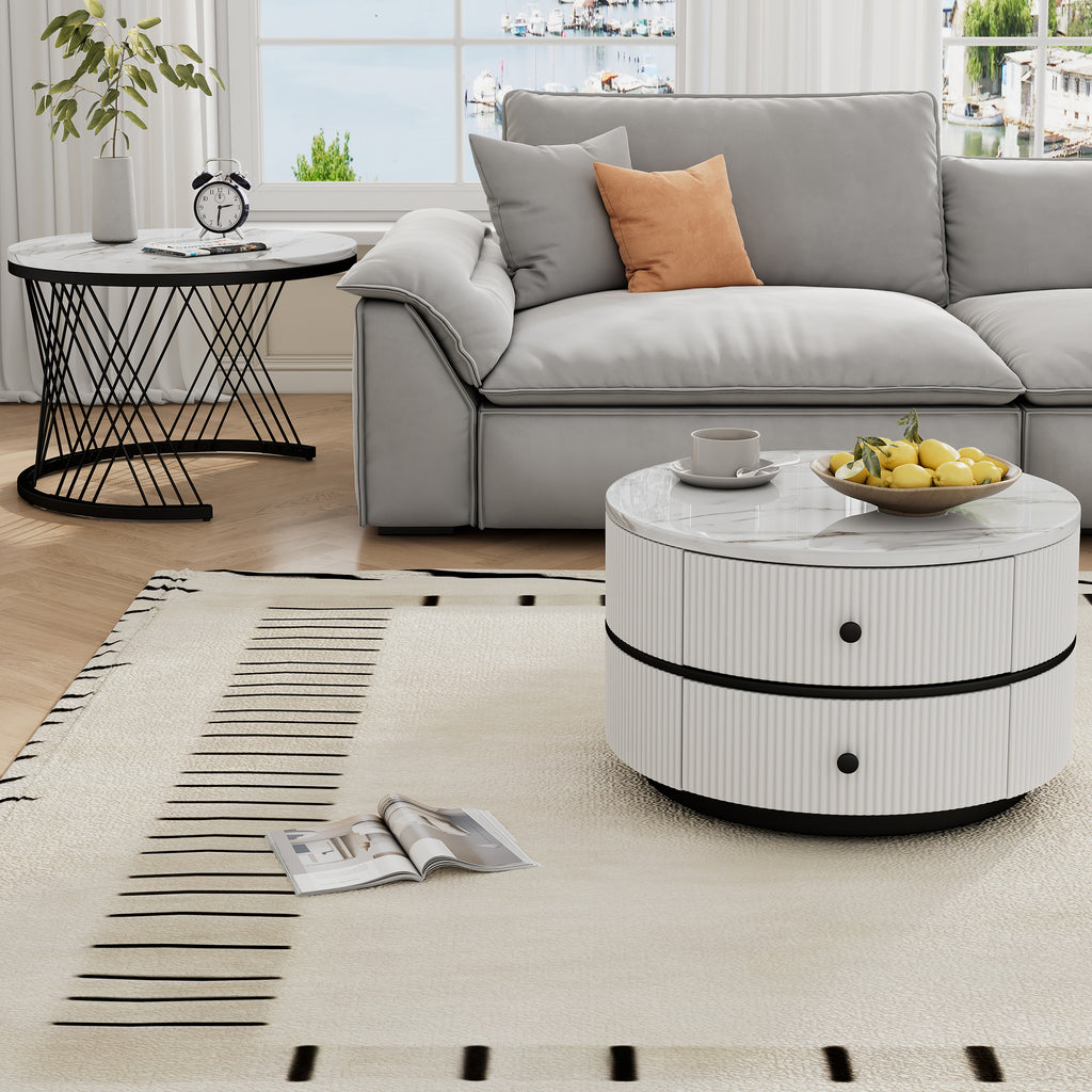 Elegant 2-piece, White Coffee Table Set In Nest Shape, 60x60x46cm & 50x50x31cm, Round Tables With High Gloss Marble Look, 2 Drawers, Loadable Up To 30kg, Nesting Combination Coffee Table