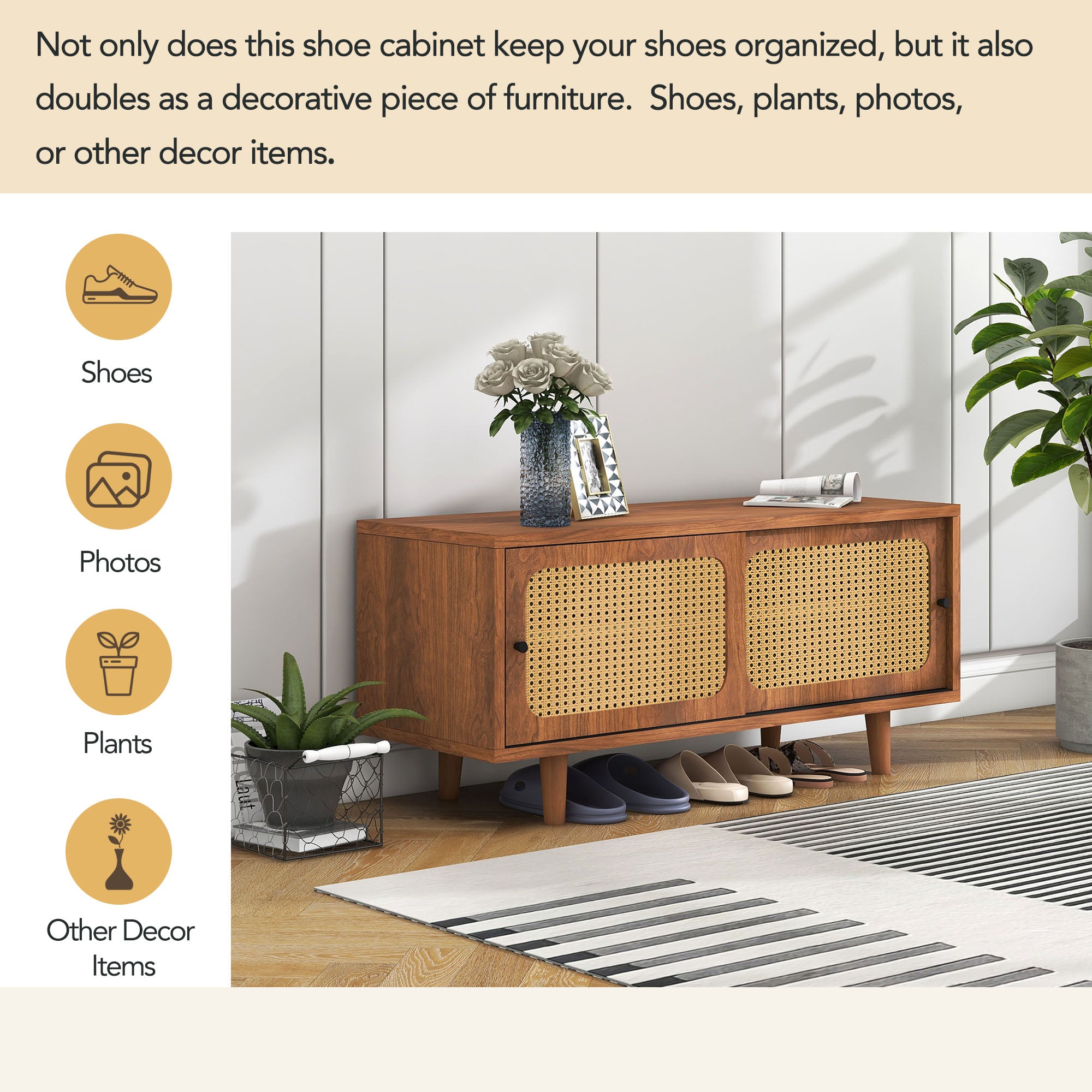 Rattan Sideboard Set For Living Room - Rattan Chest Of Drawers And Shoe Cabinet Combination, Walnut