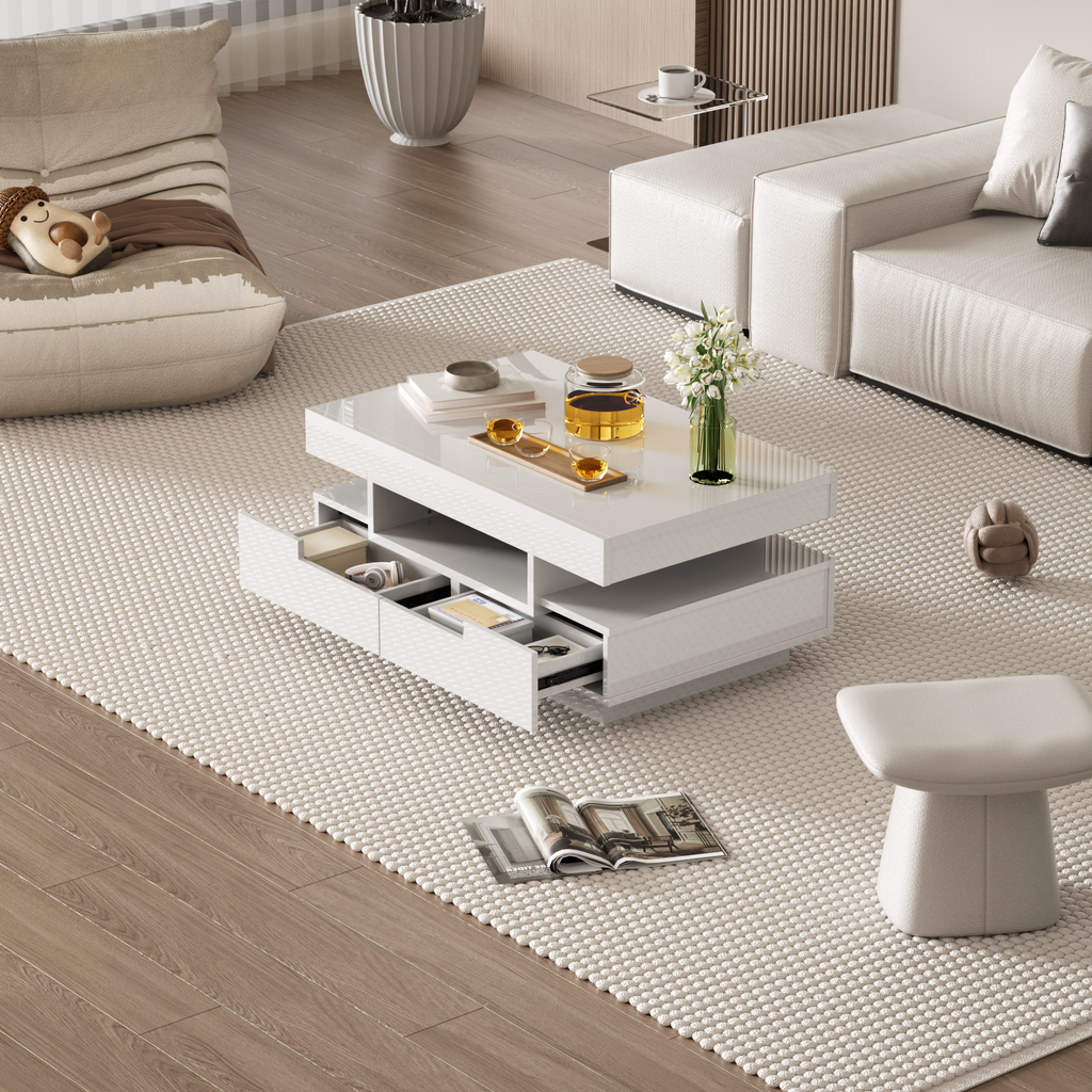 Coffee Table, High-gloss Surface, With LED Light Strip, Four Drawers At The Front And Back, Large Storage Space