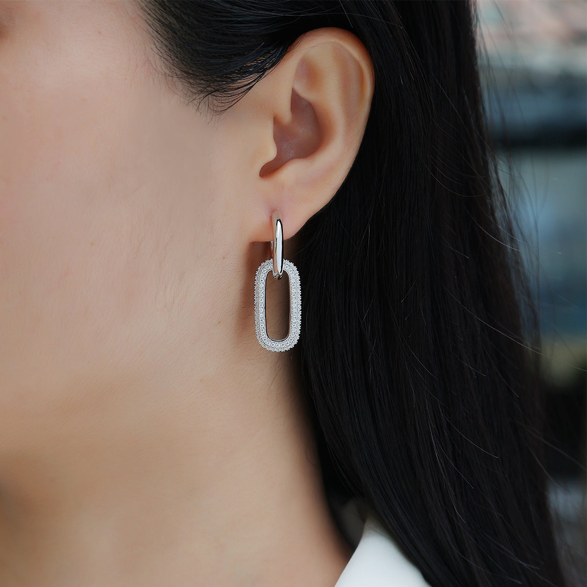 S925 Sterling Silver Geometric Link Drop Earrings, D-VVS1 Moissanite Pave, Platinum Plated 9.4g Women's Jewelry Gift Box