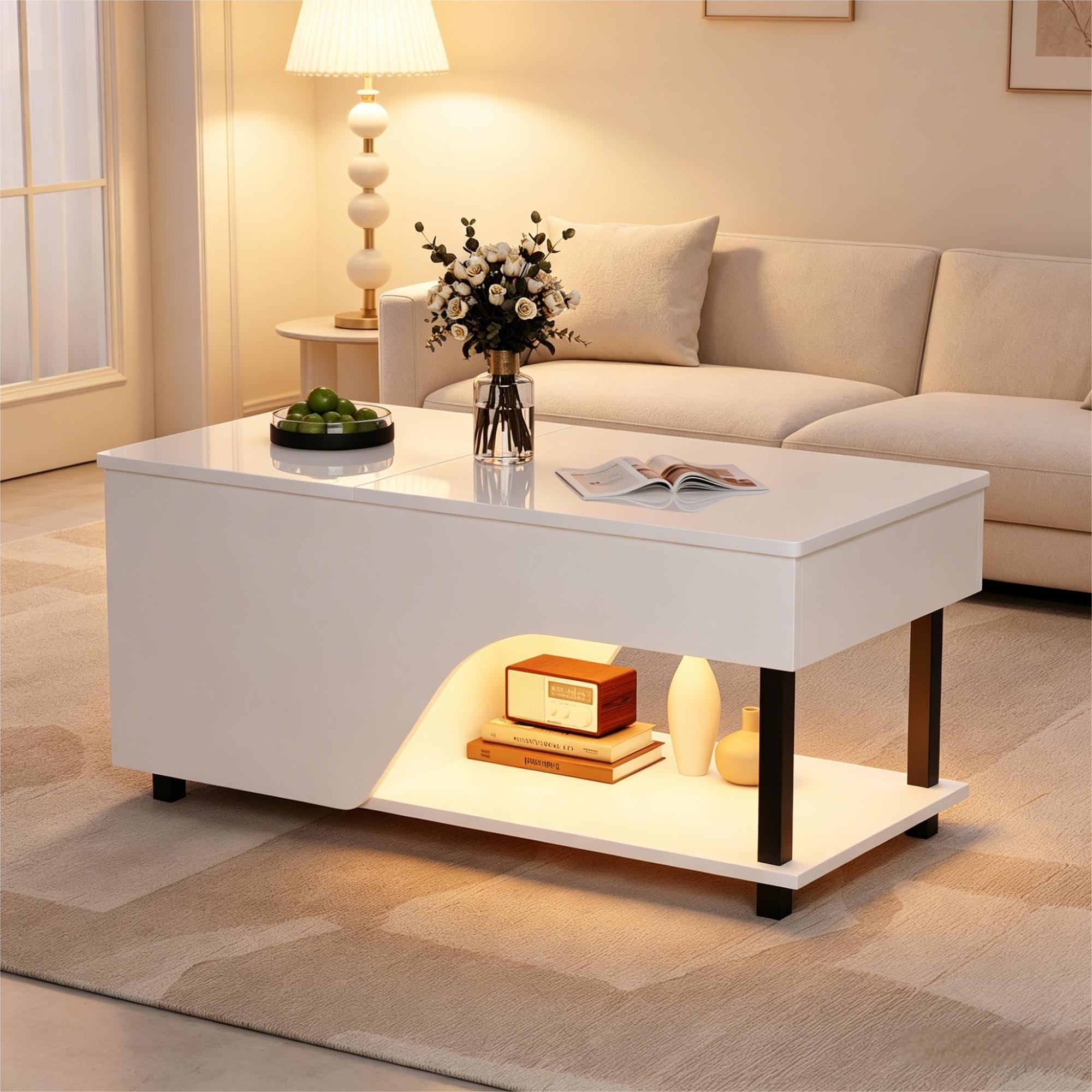 50 X 100 X 46cm Height Adjustable Living Room Coffee Table,Side Table With Hidden Storage,Openwork Coffee Table,High Gloss LED Sofa Table,Tea Table With Side Shelf,White