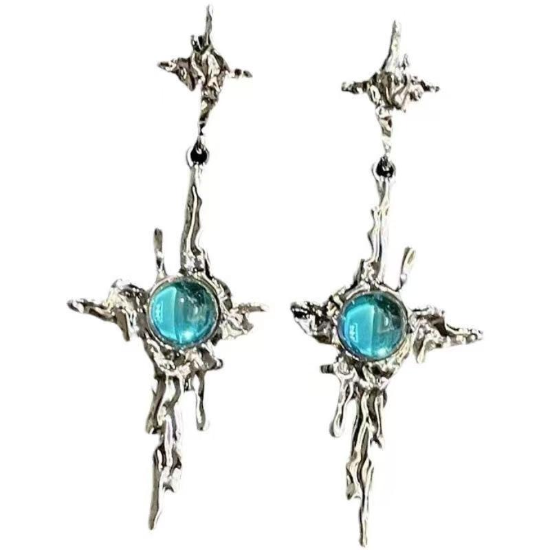Sweet Cool Ins Niche Irregular Liquid Four-Pointed Star Moonstone Earrings, Trend New Women Stud Ear Jewelry
