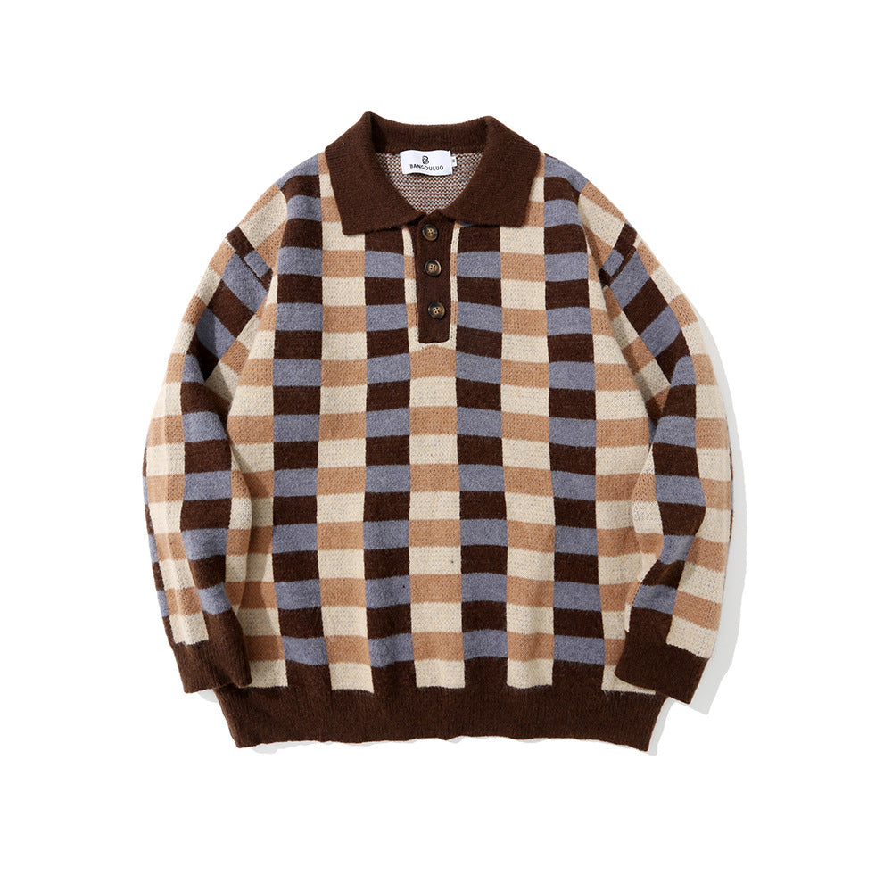 Checkered Polo Collar Sweater For Men Street Trend Loose