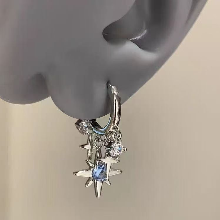 Sweet & Cool Style Blue Sparkling Rhinestone Eight-Pointed Star Drop Earrings For Women, Fashion Versatile Elegant Star Pendant Huggie Ear Jewelry