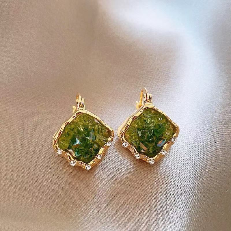 2026 New Bestselling Green Crystal Huggie Earrings For Women, Light Luxury High-End Niche Unique Elegant Stud Ear Jewelry