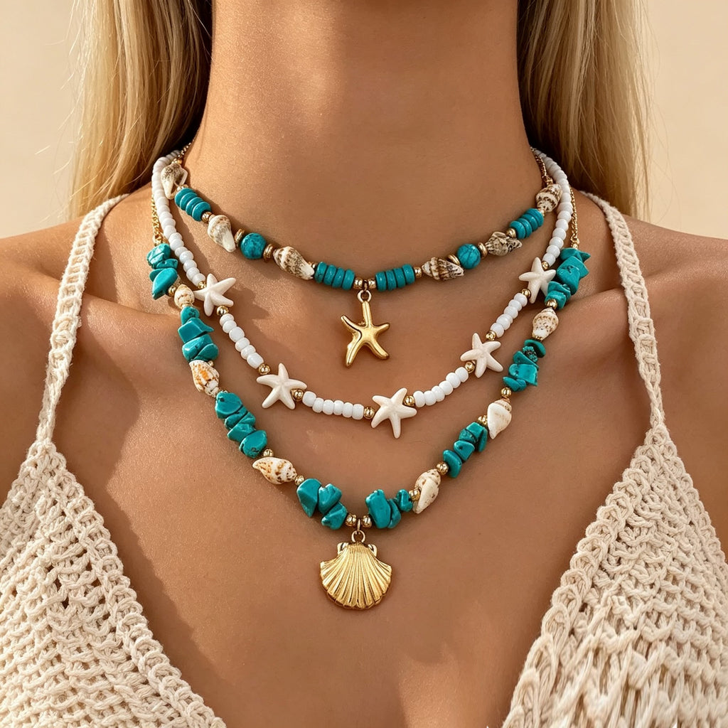 Turquoise Starfish Shell Multi-Strand Necklace
