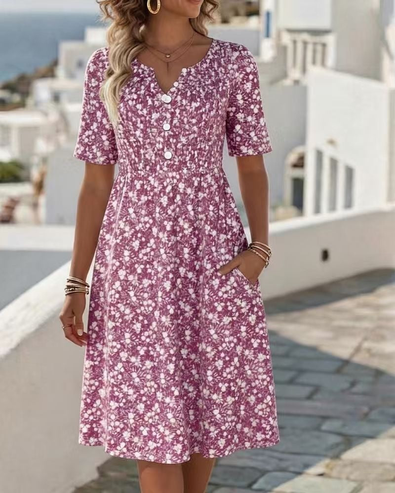 Womens Floral Print V-Neck Midi Dress With Short Sleeves
