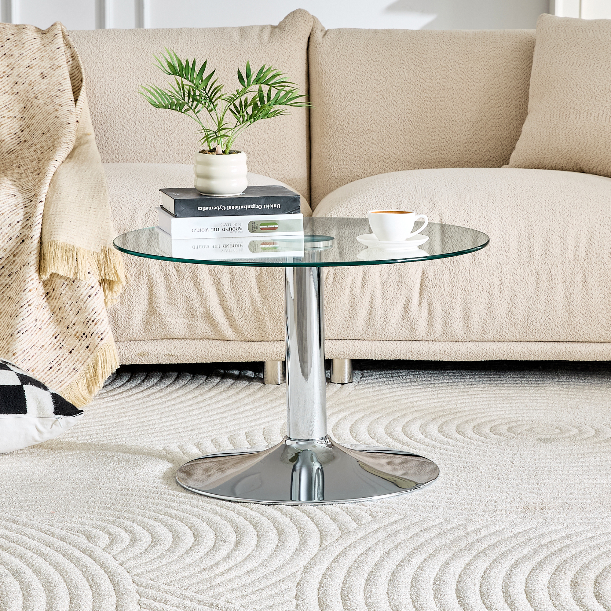 27.5-inch Diameter Round Tempered Glass Coffee Table. 17.7 Inches High, Supported By A Silver Metal Base, With A Light Luxury Edge.