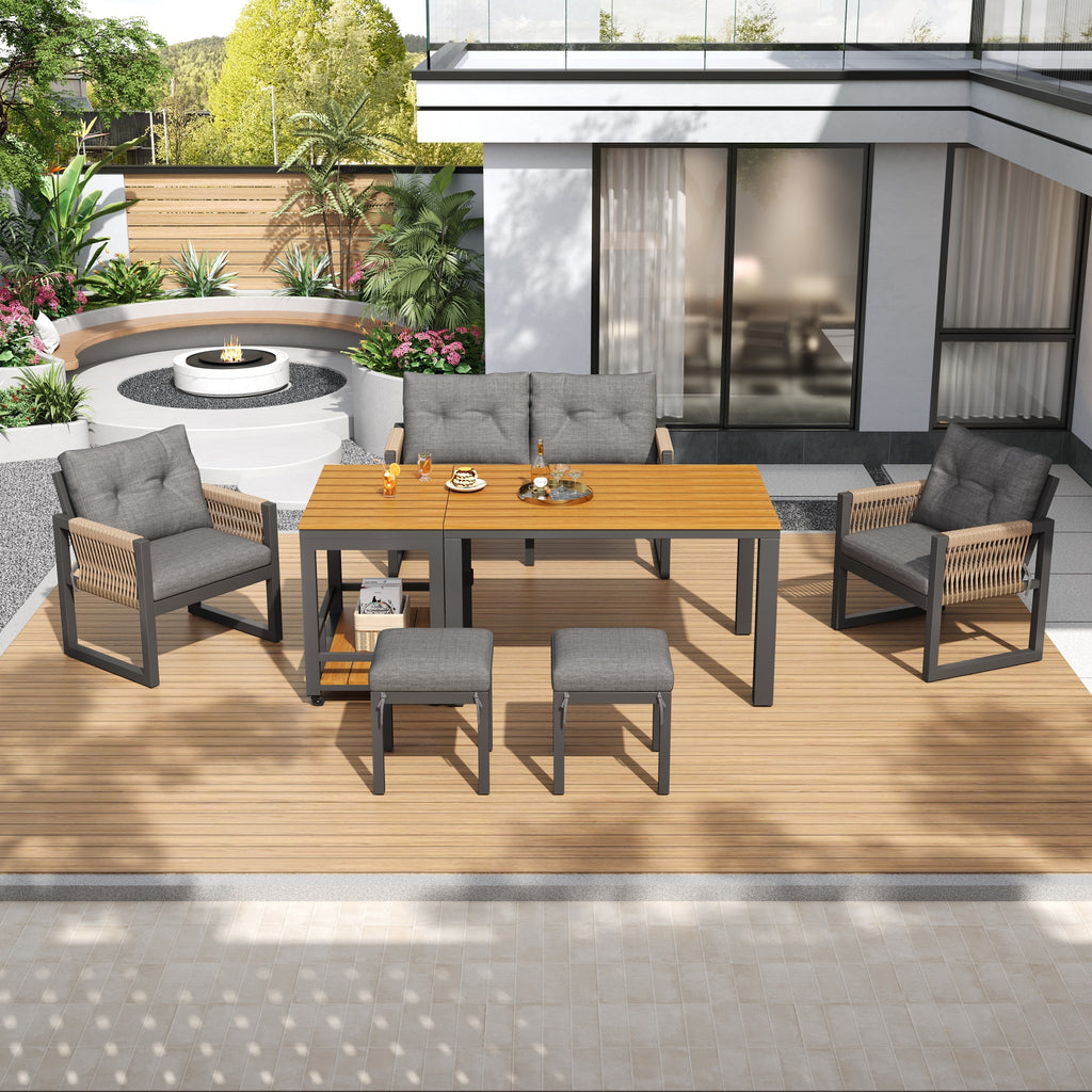 Modern Outdoor Sofa Set , Multi-Person Leisure And Meeting Set , Iron Frame , Braided Armrests , Seat Cushion Included , Multifunctional Table