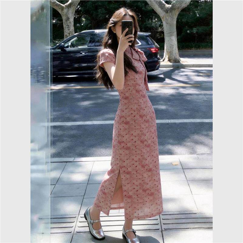 Elegant Polka-dot Bow Cheongsam Dress For Women