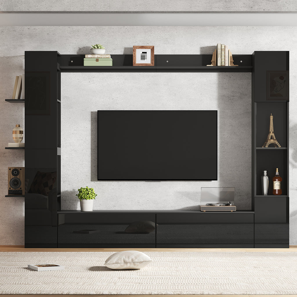 Wall Unit, Display Cabinet Door Hinge Replaceable,  Set, 4 Pcs , Compact Wall Unit With Plenty Of Storage Space, TV Cabinet, Display Cabinet, Storage Cabinet, Especially For The Living Room, Black