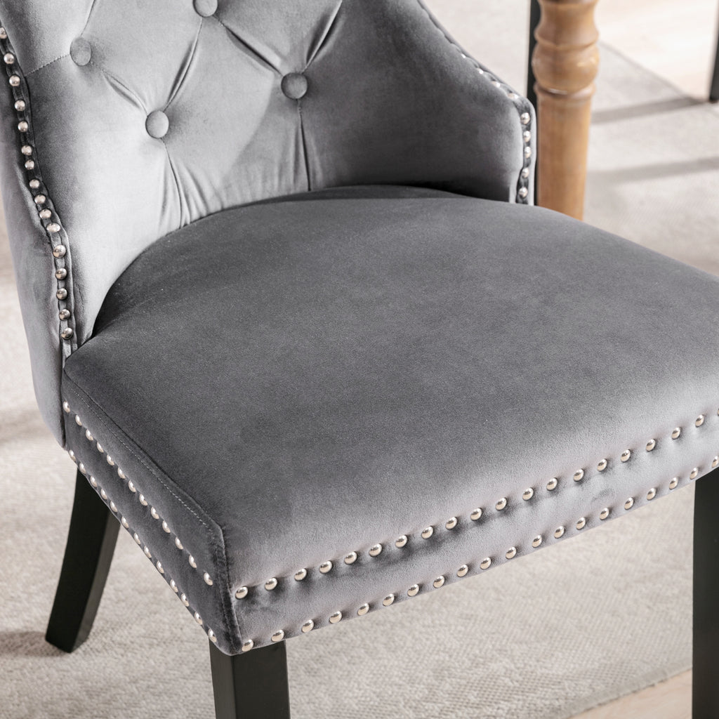 Velvet Dining Chairs 4 Set With Oak Legs, Button, Chrome Clamp And Nail Head Fit Bedroom Chair Kitchen Chair Living Room Lounge Recreational Chair Grey, 4 Pieces Old Sku -PP198789AAG