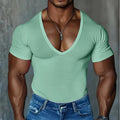 Mens Short-sleeve V-neck T-shirt Slim-fit Solid Color Casual