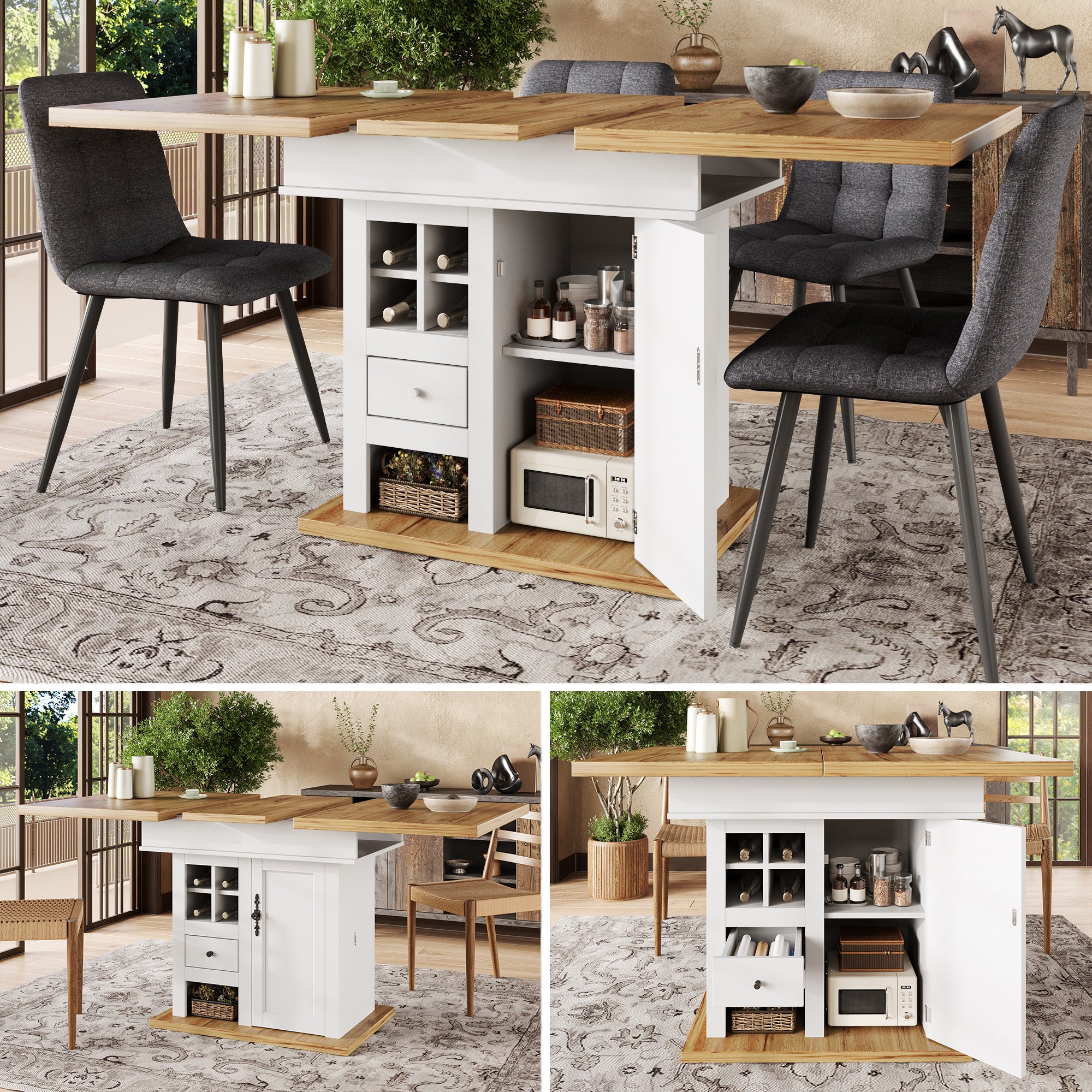 Telescopic Dining Table  110-140x80cm , Foldable Kitchen Table For 4-6 People, Extendable Dining Table, Space-saving Kitchen Table, For Kitchen And Living Room, Dining Table With Wine Rack And Drawers