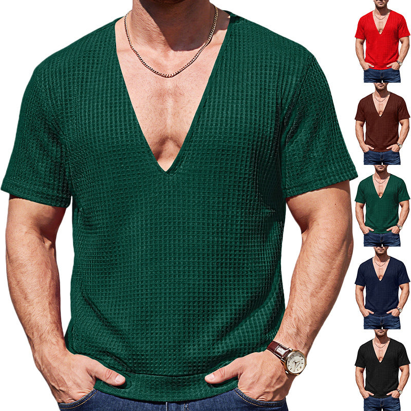 Mens Solid-Color Waffle-Weave Deep-V Short-Sleeve T-Shirt