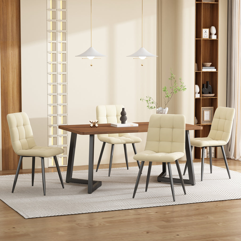 5-Piece Dining Set Table And 4 Chairs, Modern Kitchen Table Set, Kitchen Table With Wood-Grain Finish And Black Metal Legs, Walnut-Colored MDF Tabletop, Beige Velvet Dining Chairs