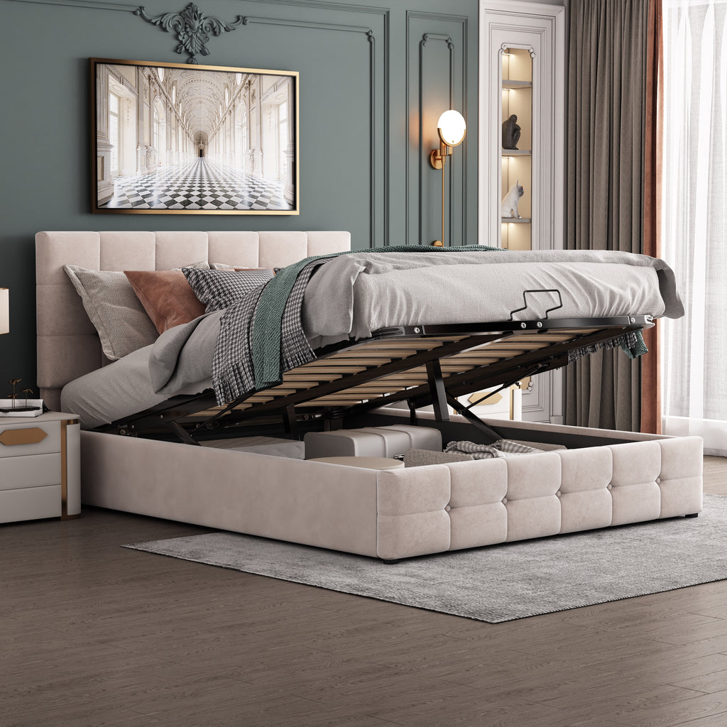 Upholstered Bed 140x200 Cm, Double Bed With Hydraulic Storage Lift, Height-adjustable Upholstered Headboard, Metal Slatted Base, Skin-friendly Velvet Fabric Suitable For Adults And Teens, Cream-whi