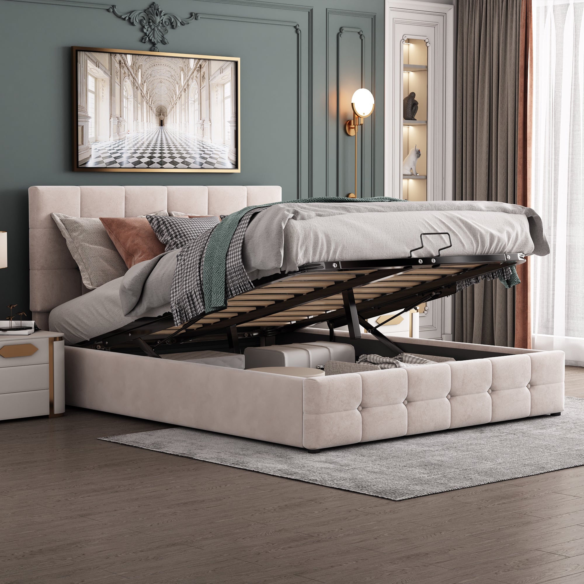 Upholstered Bed 140x200 Cm, Double Bed With Hydraulic Storage Lift, Height-adjustable Upholstered Headboard, Metal Slatted Base, Skin-friendly Velvet Fabric Suitable For Adults And Teens, Cream-whi