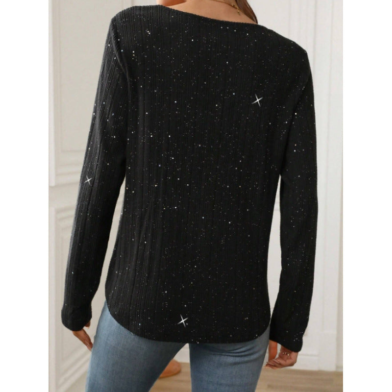 Womens Sequined Rib-Knit Casual Top