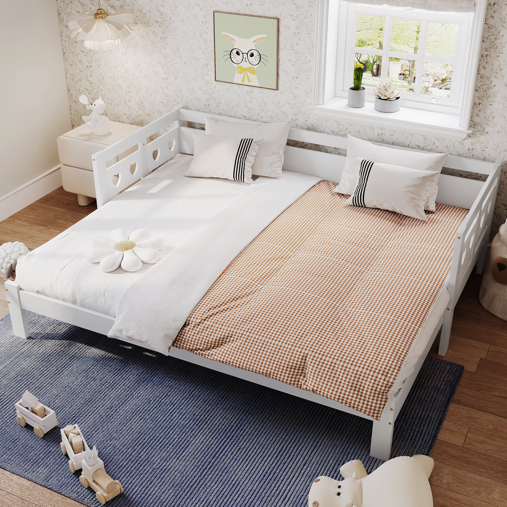 Daybed Daybed, Pull-out Bed, 90x190cm, Solid Pine, With 2nd Bed And Roll-up Grate Heart Shape Bed White