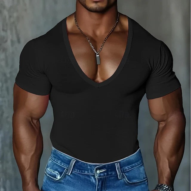 Mens Short-sleeve V-neck T-shirt Slim-fit Solid Color Casual