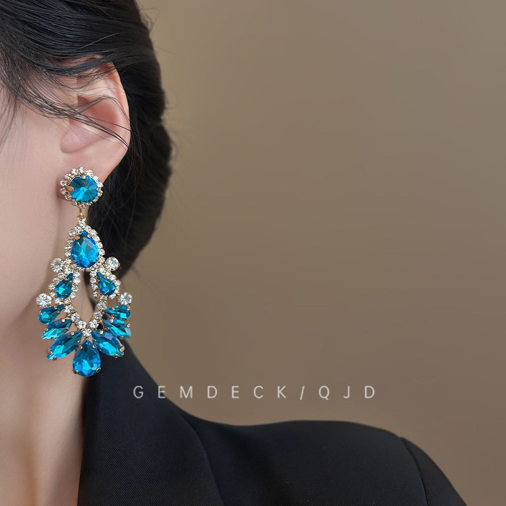 Cold Moon Noble Lady Style Sparkling Full Blue Teardrop Earrings, Exquisite French Retro Dinner Party Skin-Flattering Elegant Stud Jewelry For Women