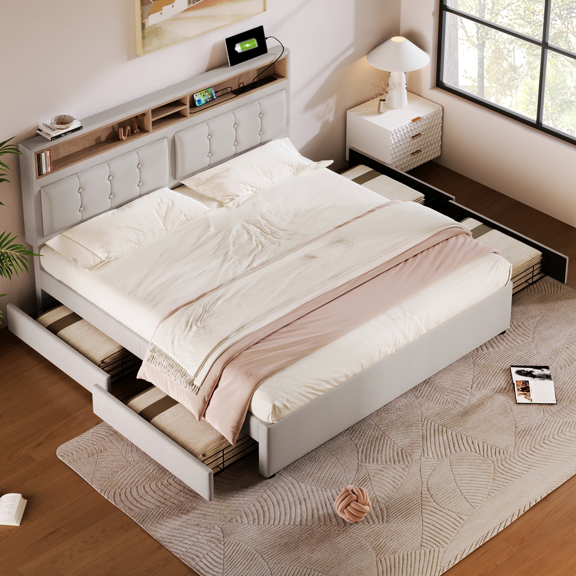 Double Bed With 4 Drawers & USB C Socket, Upholstered Bed 140x200cm, Height-adjustable Headboard, Wooden Slatted Frame  Without Mattress