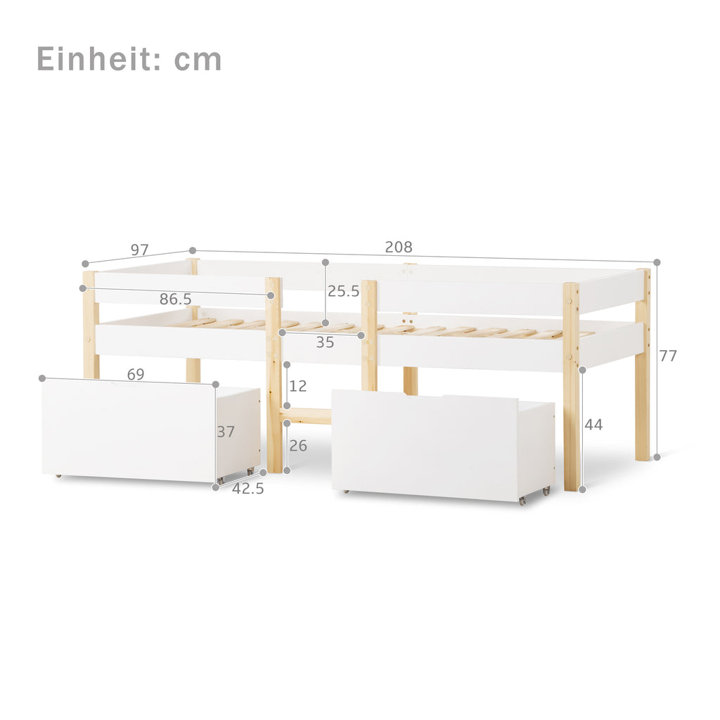 Bed Children's Bed With Drawer And Fall-out Protection, Pine-solid Wood-90x200 Cm-White & Oak