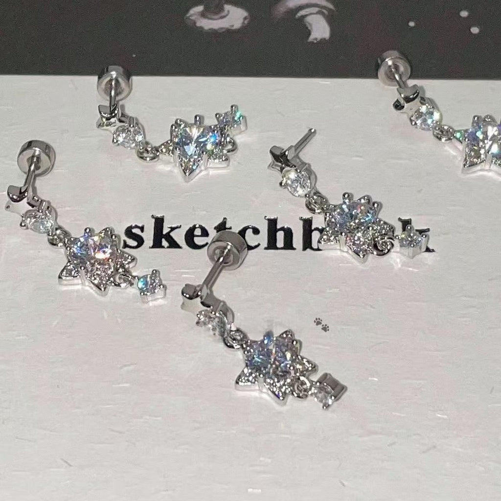 Super Sparkling Five-pointed Star Zircon Pendant Titanium Steel Stud Earrings, Exquisite Star Cartilage Studs Dangle Earrings For Women