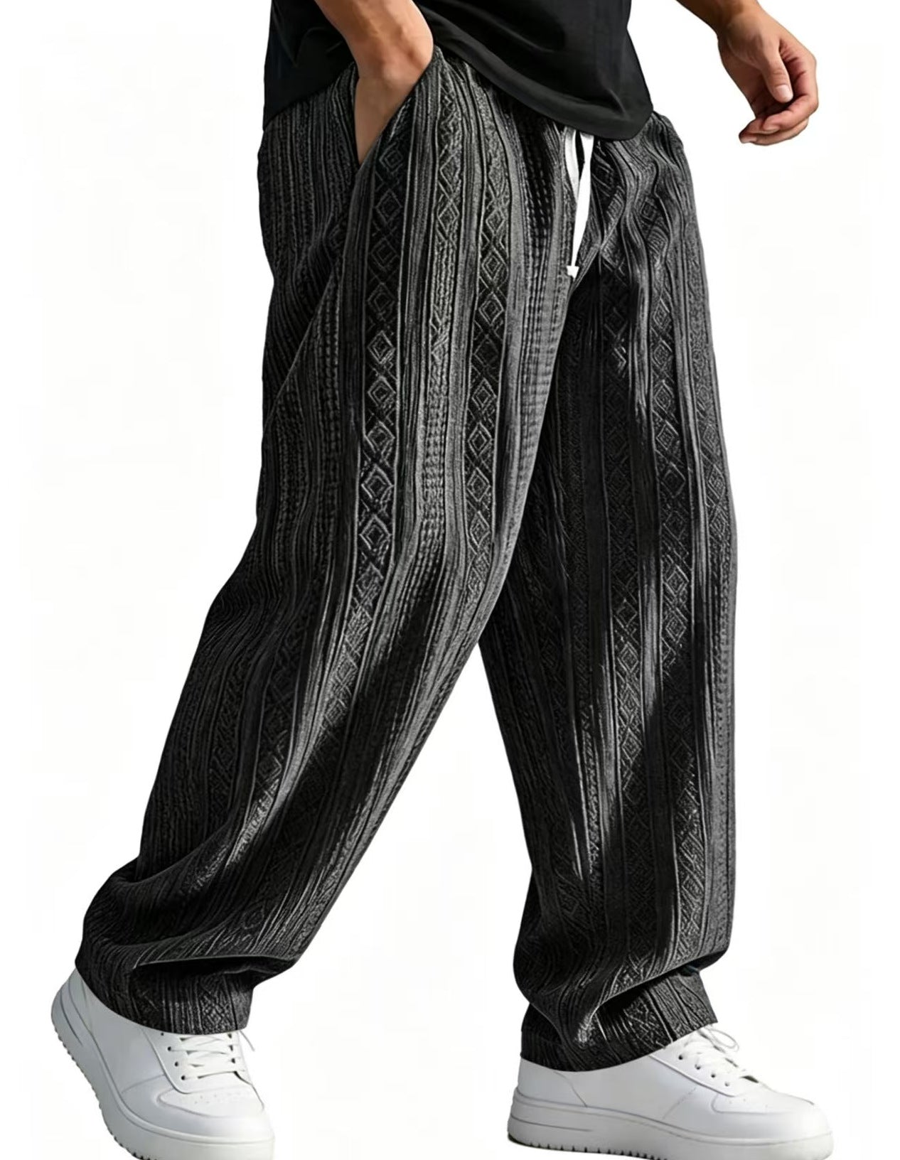 Mens Loose-Fit Jacquard Wide-Leg Casual Solid-Color Straight-Leg Trousers