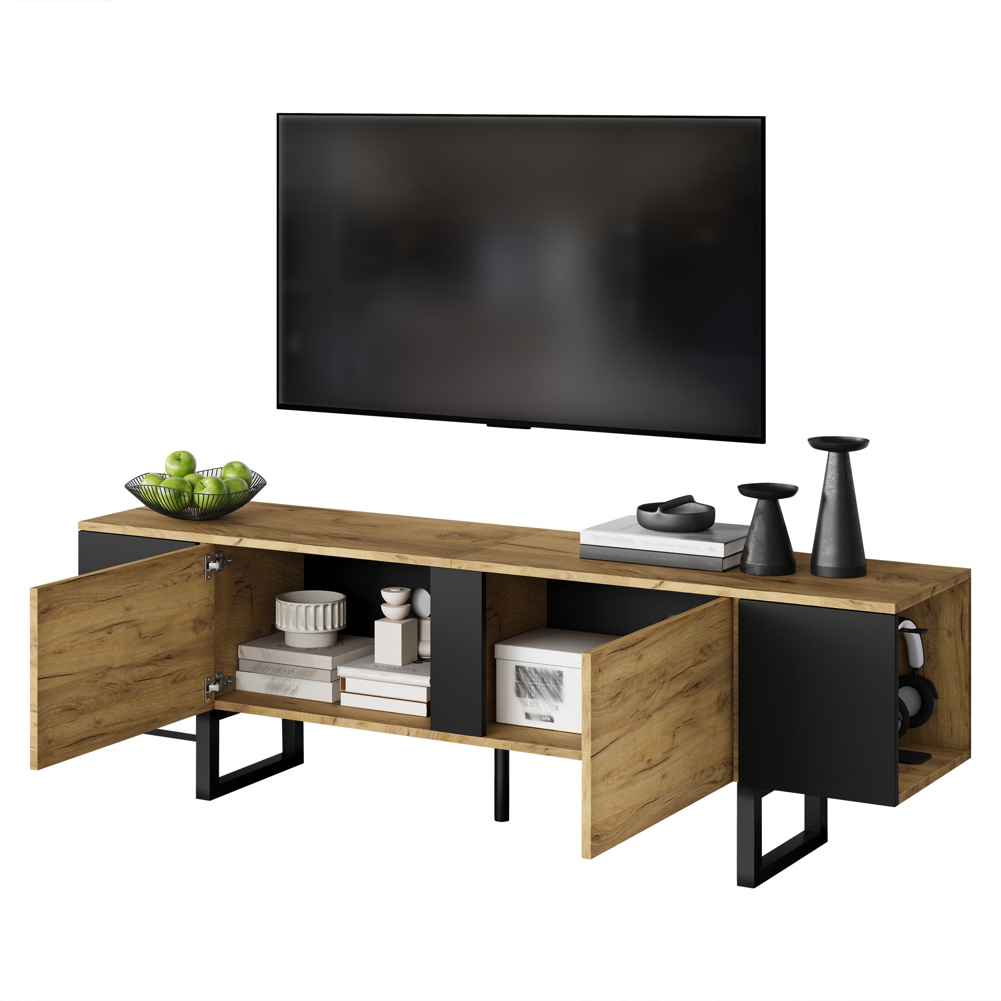 180x40x55cm TV Cabinet, Lowboard TV Board, TV Console With 2 Cabinets And Open Storage Areas On Both Sides, TV Stand, TV Stand, Living Room Cabinet, Suitable For TVs Up To 75 Inches