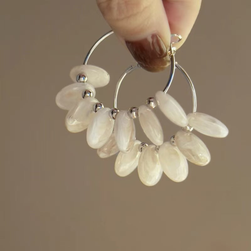 Street Fashion French Vintage Flat Round Resin Tassel Circle Hoops, S925 Silver Needle Elegant Light Luxury High Texture All-Match Women Earrings