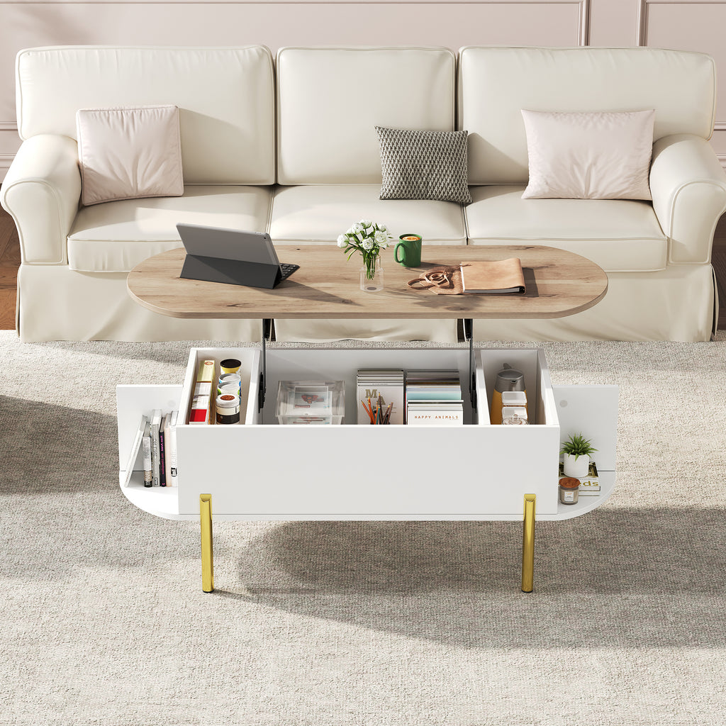 Coffee Table, Living Room Table, Coffee Table With Height-adjustable Top, Living Room Tables, Side Tables, Sofa Tables With Hidden Storage, Coffee Table With 7 Shelves, Wood Color  White