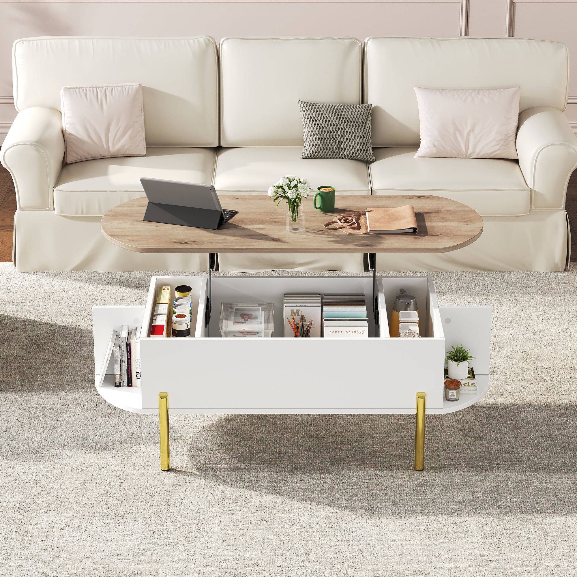 Coffee Table, Living Room Table, Coffee Table With Height-adjustable Top, Living Room Tables, Side Tables, Sofa Tables With Hidden Storage, Coffee Table With 7 Shelves, Wood Color  White
