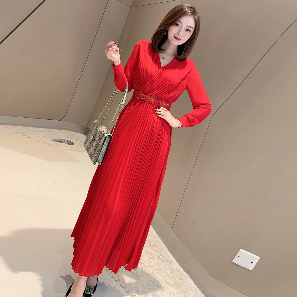 Celebrity Temperament Dress Women's V-neck Pleated Long Skirt