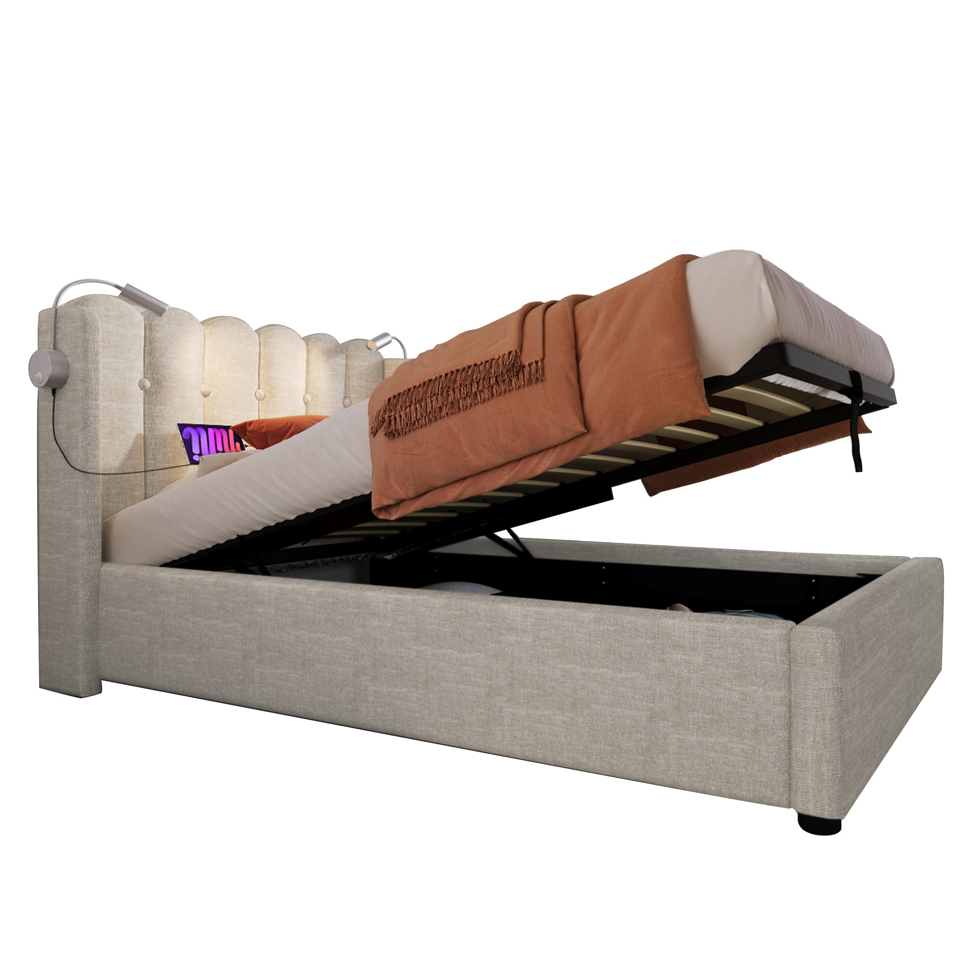 Upholstered Bed Single Bed Reading Light With Charging Function Head Part Storage Room Bed Frame Linen Material Youth Bed 90x200 With Slate Grating,Natural With Mattress