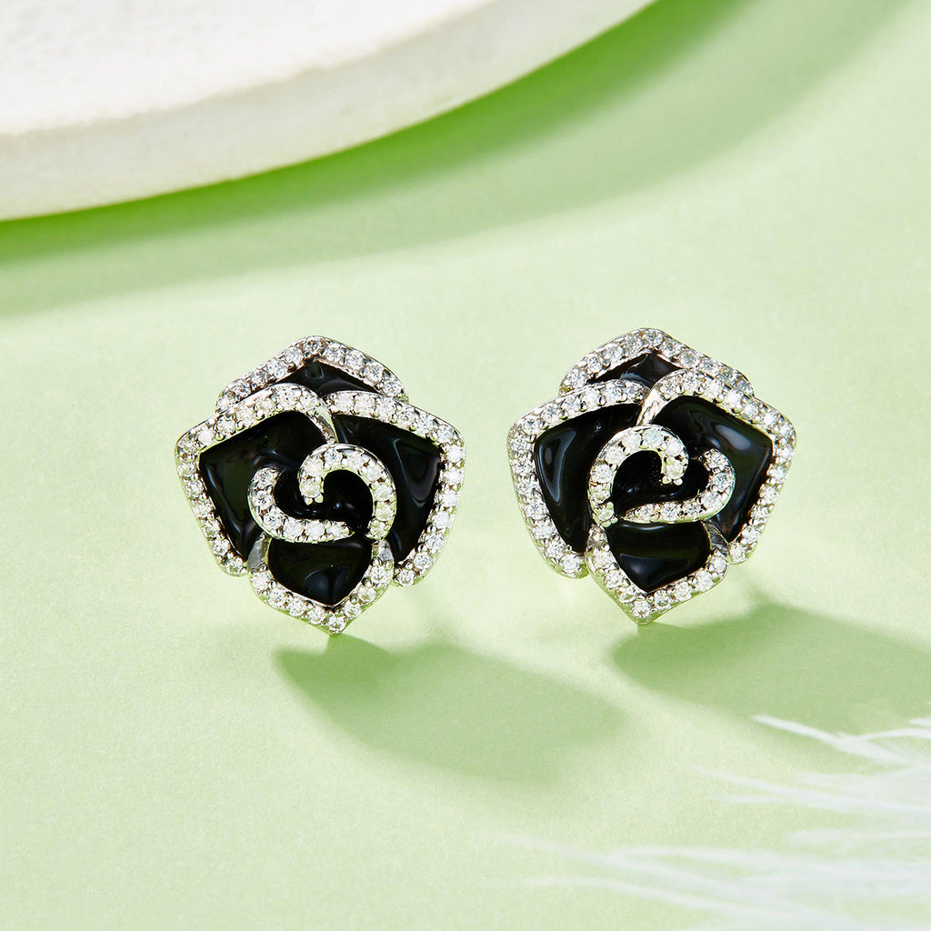 S925 Sterling Silver Black Enamel Rose Stud Earrings, D-VVS1 Moissanite Pave Outline, Platinum Plated 5.2g Elegant Women's Gift Box