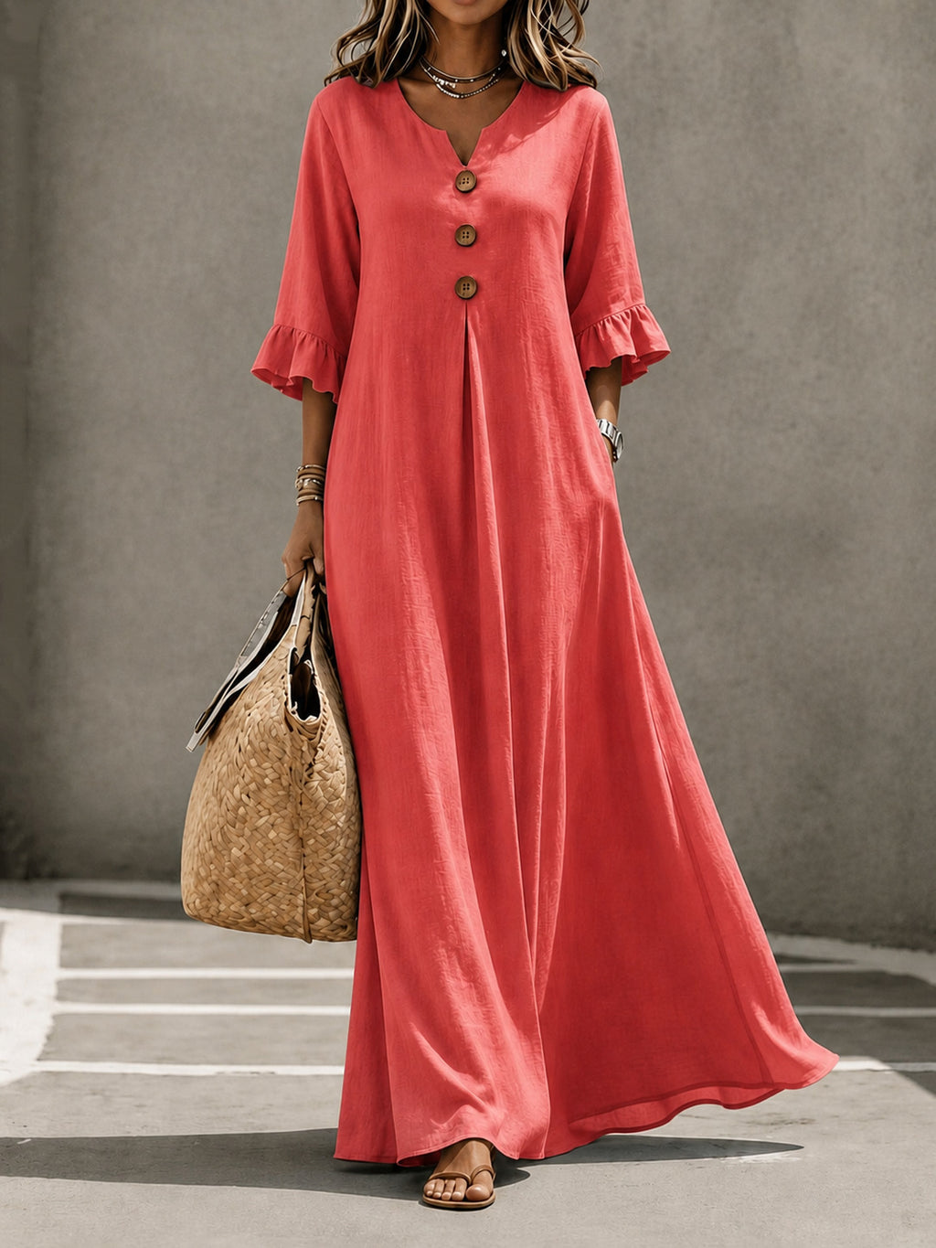 Solid-color Womens V-neck Chic And Elegant Dress
