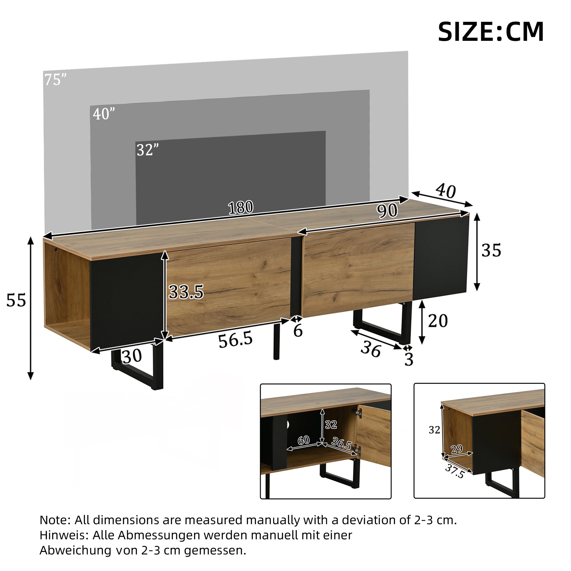 180x40x55cm TV Cabinet, Lowboard TV Board, TV Console With 2 Cabinets And Open Storage Areas On Both Sides, TV Stand, TV Stand, Living Room Cabinet, Suitable For TVs Up To 75 Inches