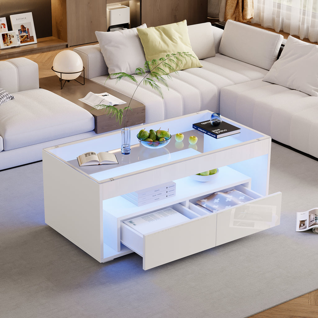 Modern Coffee Table With LED Light, Rectangular Sofa Table With 2 Large Drawers, Spacious Glass Living Room Table, Double-layered Design, High Gloss, Large Living Room Table, White