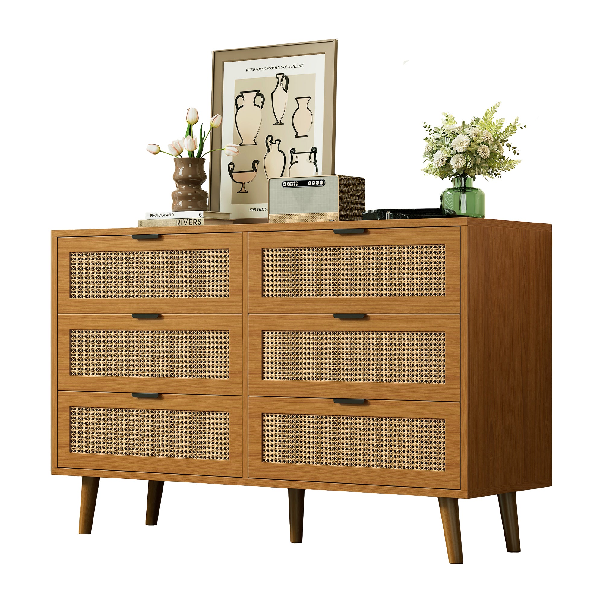 Dresser With 6 Drawers, Wooden Sideboard Drawer Cabinet, Drawer Dresser With Metal Handles, For Bedroom, Living Spaces, Office, Sideboard Highboard With Lots Of Storage, Dimensions W120 H76.5 D40 Cm