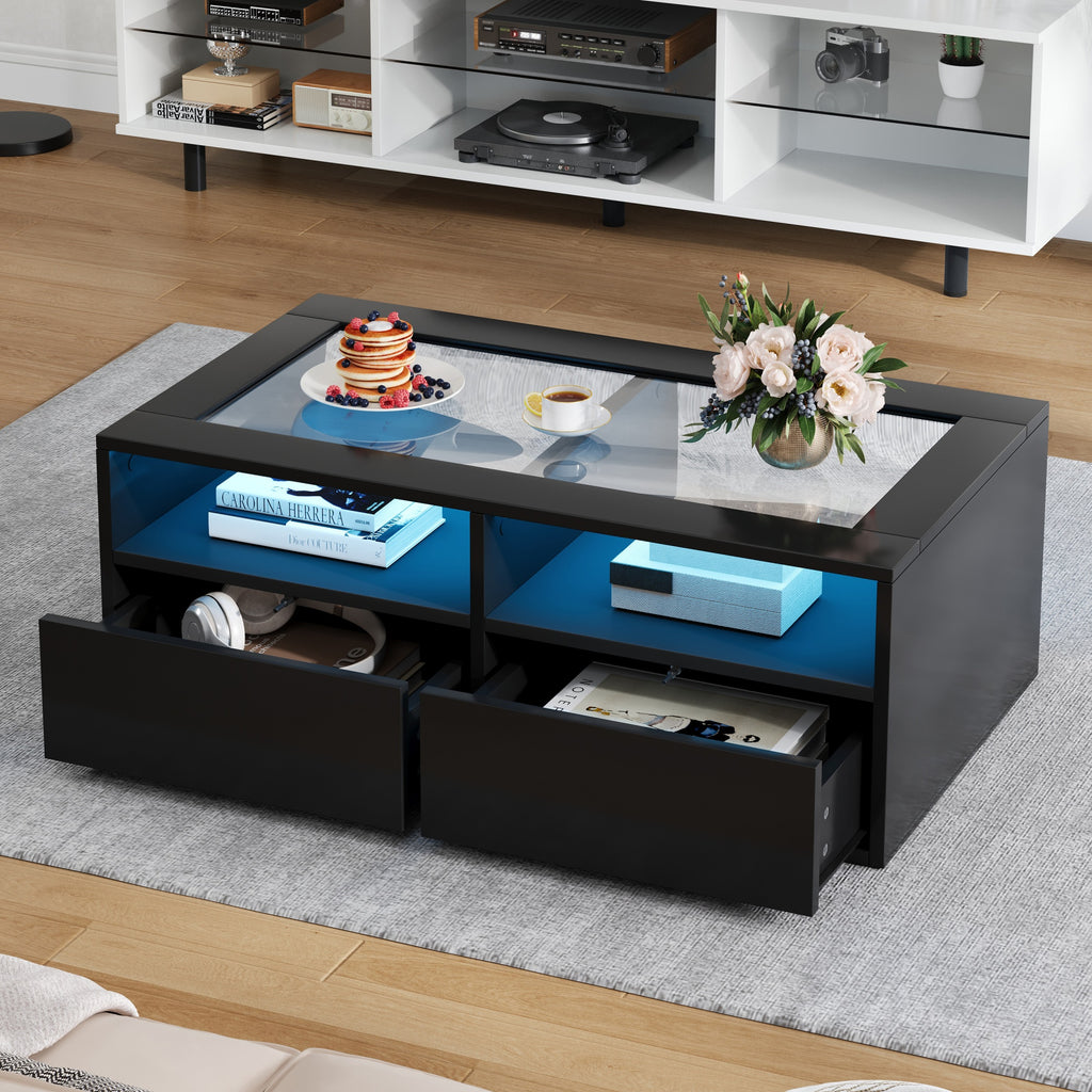 10 0 X50x35cm Couchtisch Mit LED-Licht, Sofatisch Mit 2 Schubladen, Wohnzimmertisch Aus Glas, Teetisch Doppelschichtiges Design, Offener Stauraum, Wohnzimmer Beistelltisch, Schwarz