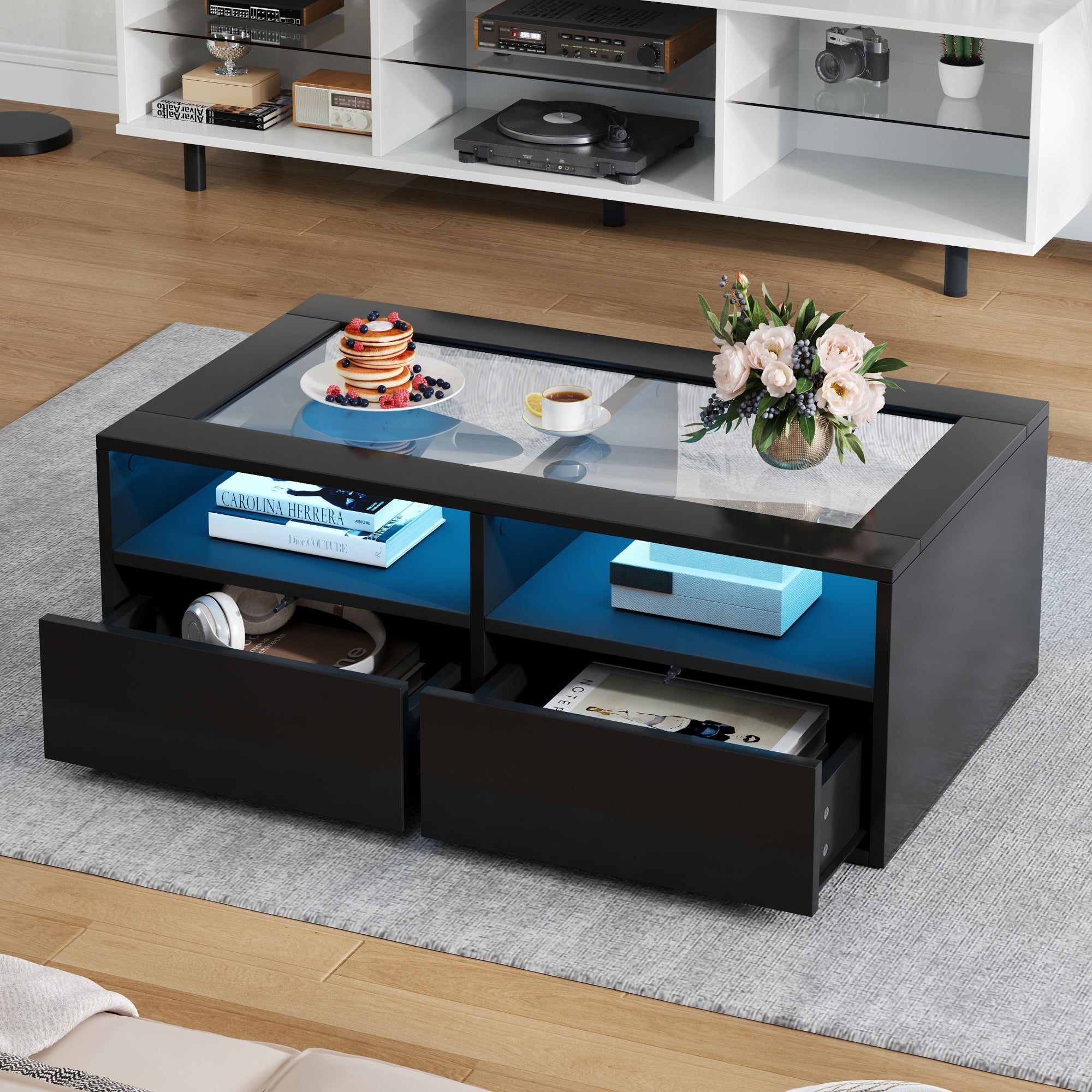 10 0 X50x35cm Couchtisch Mit LED-Licht, Sofatisch Mit 2 Schubladen, Wohnzimmertisch Aus Glas, Teetisch Doppelschichtiges Design, Offener Stauraum, Wohnzimmer Beistelltisch, Schwarz